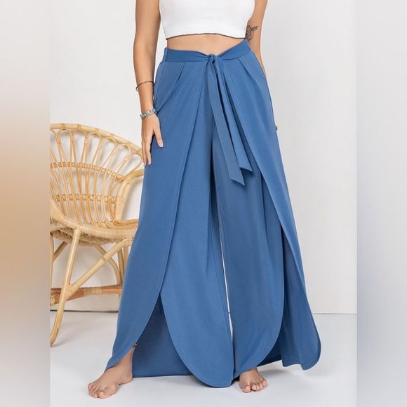Boutique Pants - Dusty Blue Plus Size Tied Slit Wide Leg Pants
